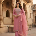 Lovely Pink Sequins Chanderi Cotton Straight Cut Salwar Suit with Dupatta for Wedding