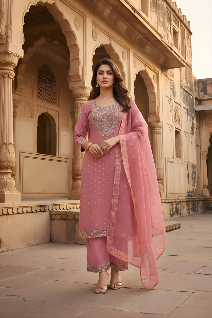 Lovely Pink Sequins Chanderi Cotton Straight Cut Salwar Suit with Dupatta for Wedding