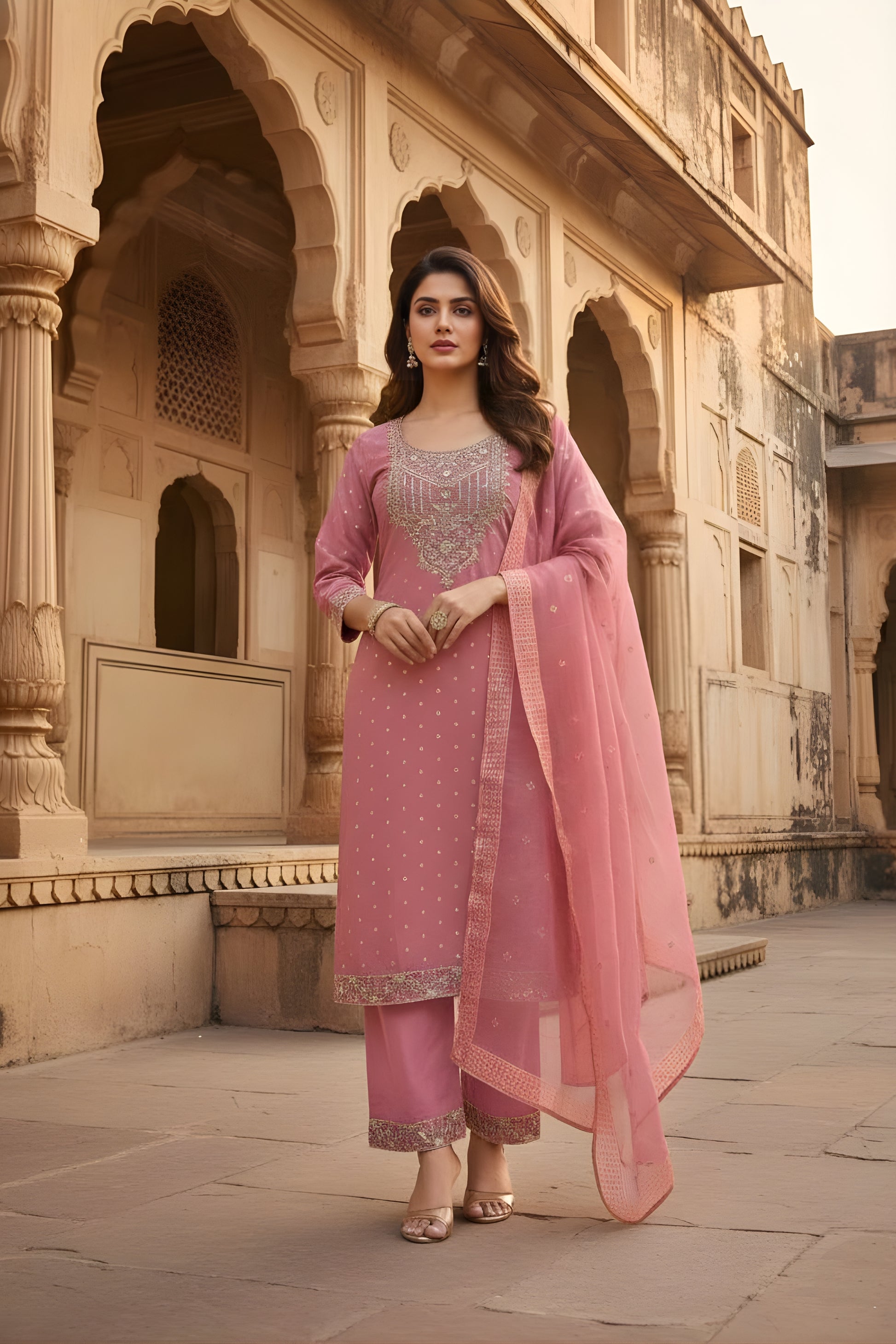 Lovely Pink Sequins Chanderi Cotton Straight Cut Salwar Suit with Dupatta for Wedding
