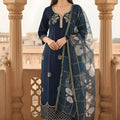 Elegant Navy Blue Viscose Chanderi Embroidered Readymade Straight Salwar Suit with Dupatta