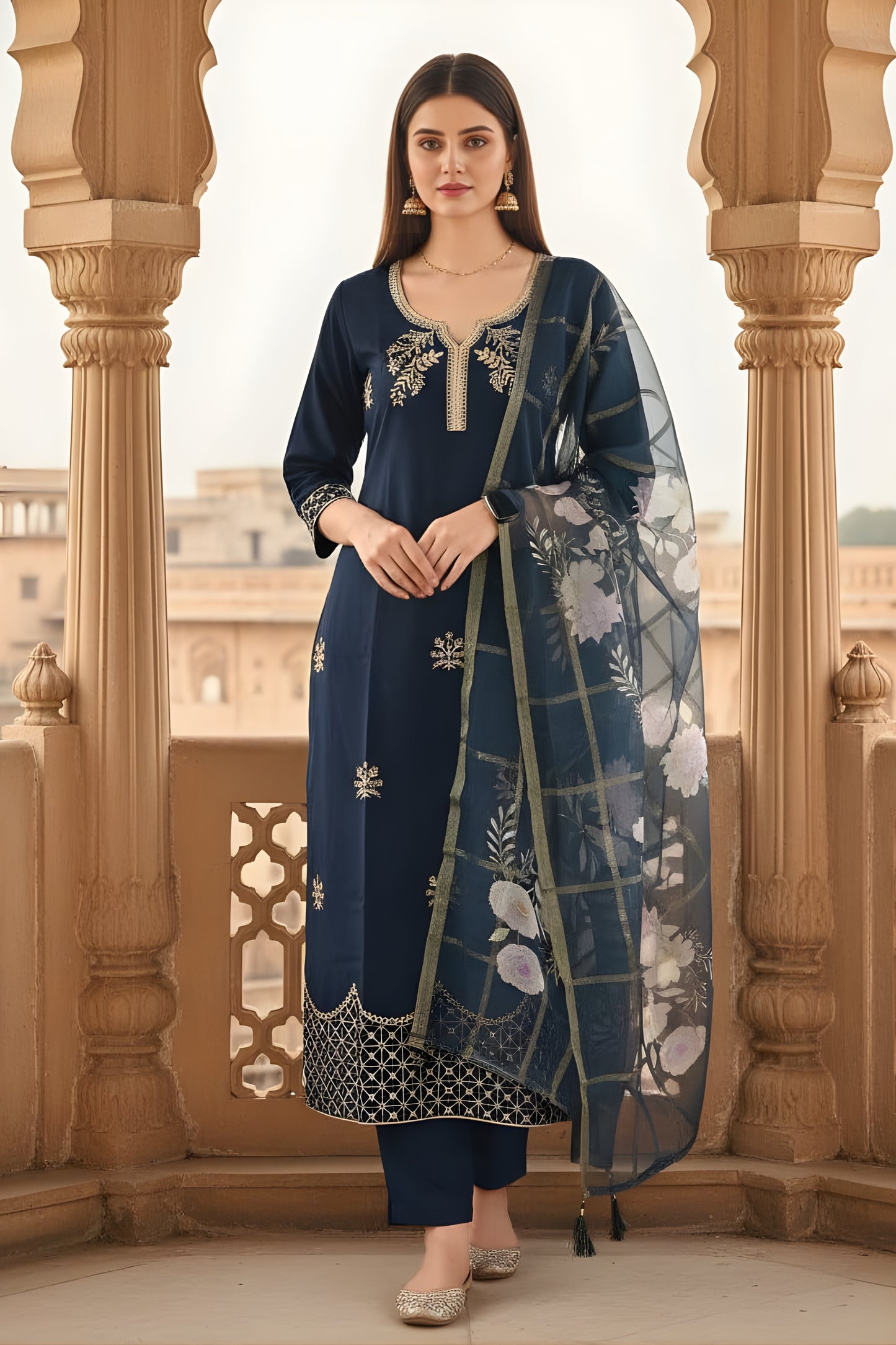 Elegant Navy Blue Viscose Chanderi Embroidered Readymade Straight Salwar Suit with Dupatta