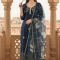 Elegant Navy Blue Viscose Chanderi Embroidered Readymade Straight Salwar Suit with Dupatta