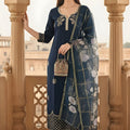 Elegant Navy Blue Viscose Chanderi Embroidered Readymade Straight Salwar Suit with Dupatta