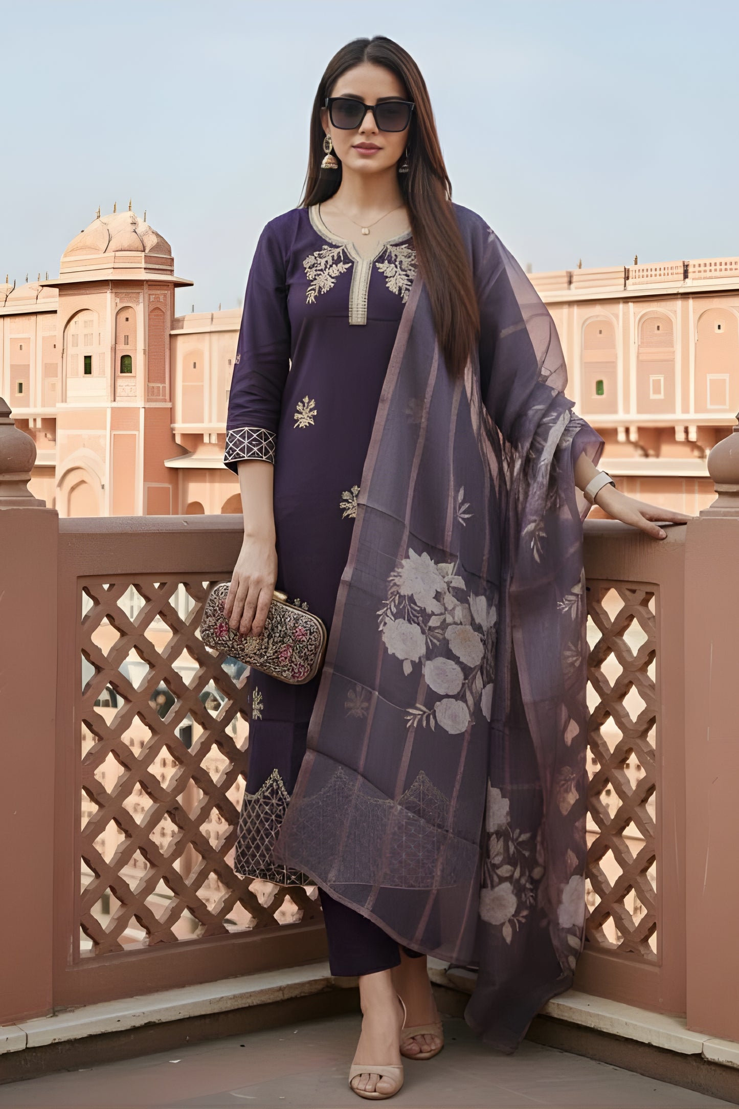 Amazing Purple Viscose Chanderi Embroidered Readymade Straight Salwar Suit with Dupatta