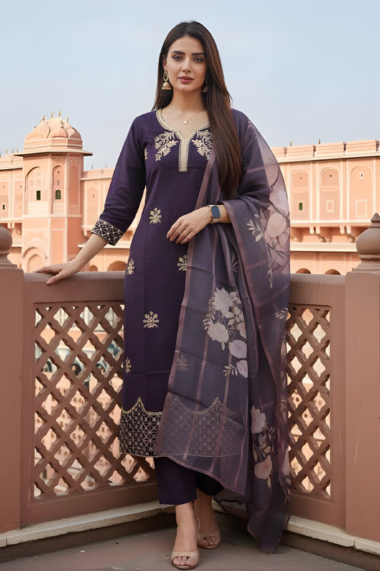 Amazing Purple Viscose Chanderi Embroidered Readymade Straight Salwar Suit with Dupatta