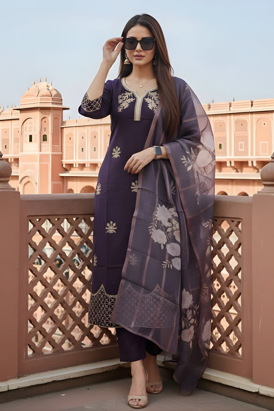 Amazing Purple Viscose Chanderi Embroidered Readymade Straight Salwar Suit with Dupatta
