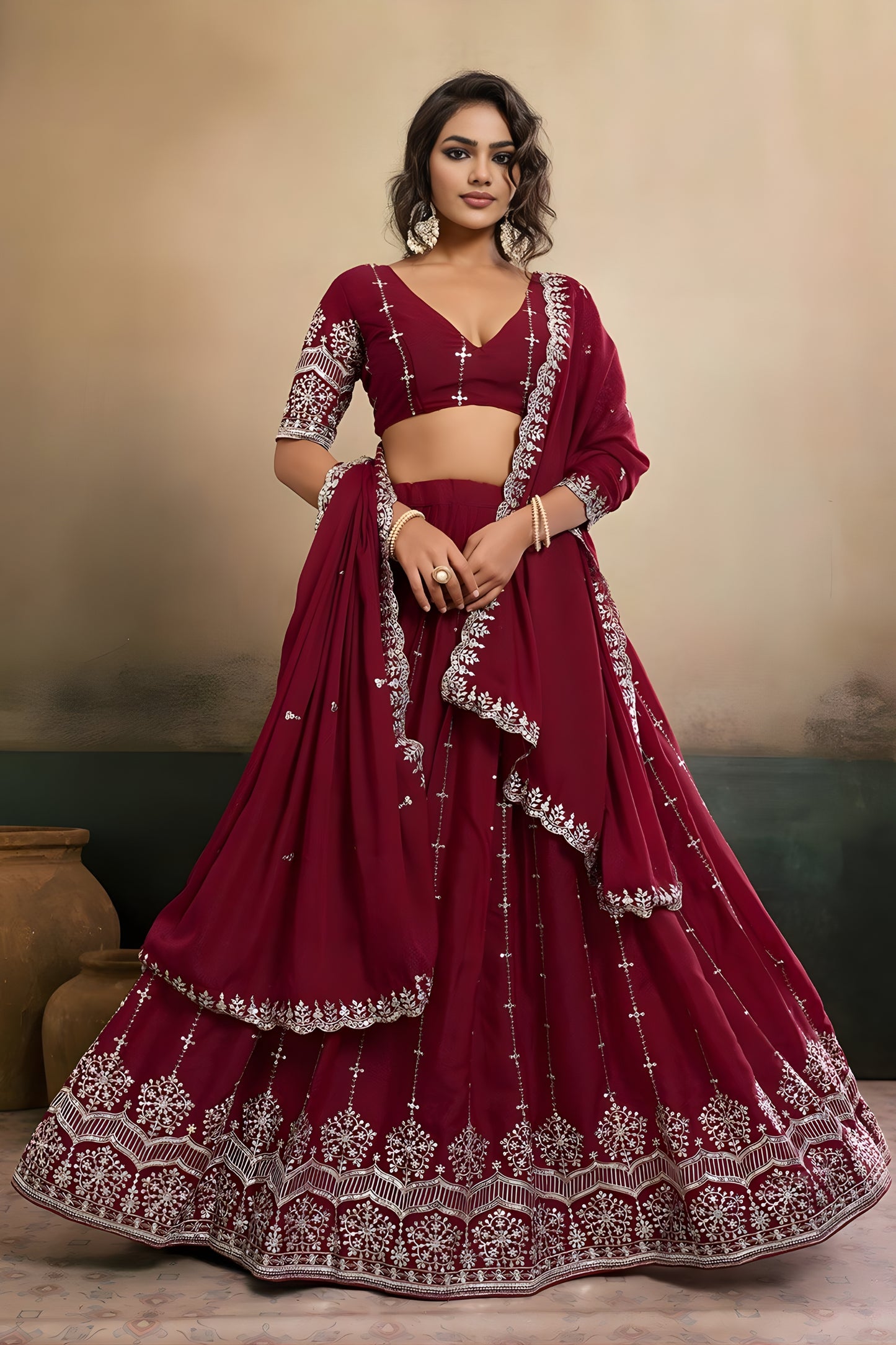 Elegant Maroon Georgette Embroidered Semi-Stitched Lehenga Choli with Dupatta