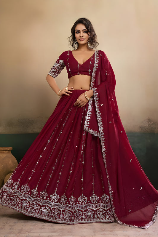 Elegant Maroon Georgette Embroidered Semi-Stitched Lehenga Choli with Dupatta