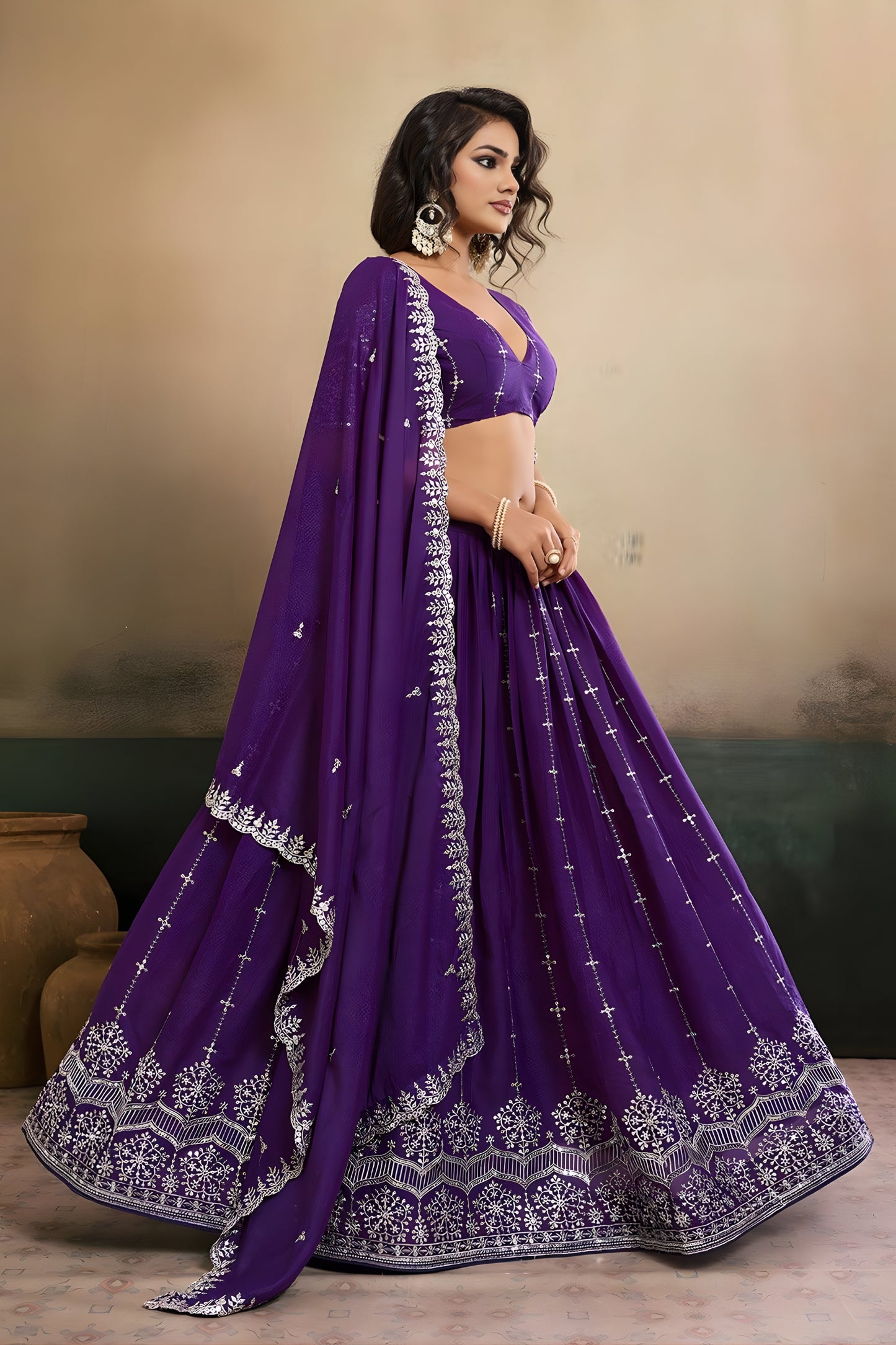 Stunning Purple Georgette Embroidered Semi-Stitched Lehenga Choli with Dupatta