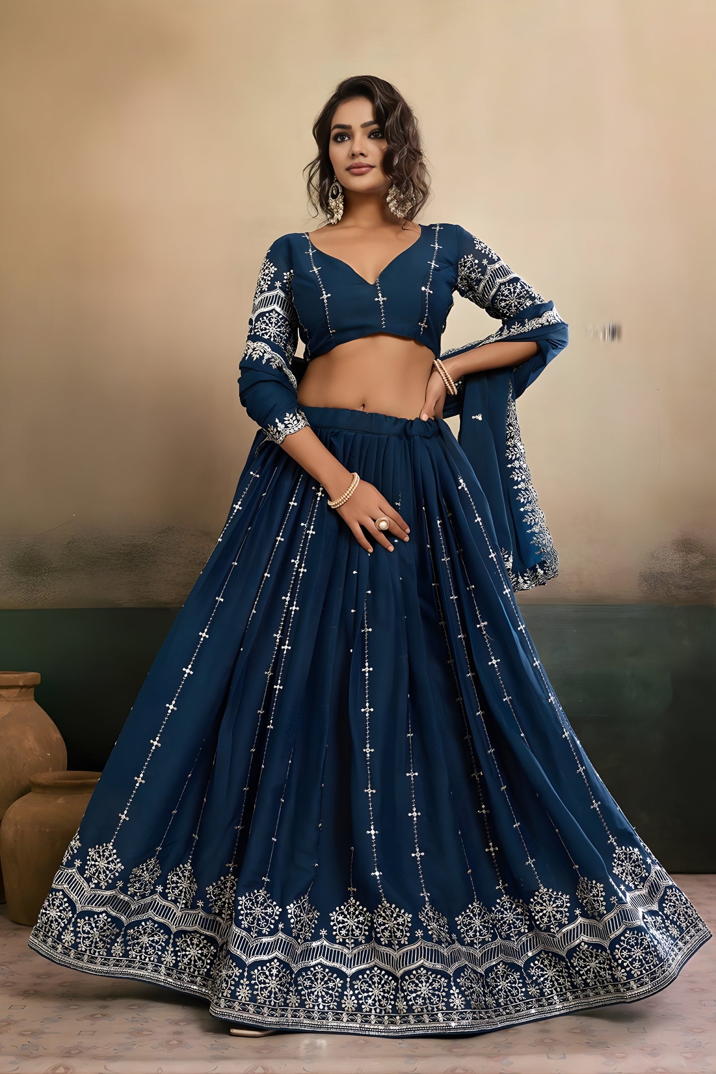 Superb Teal Blue Georgette Embroidered Semi-Stitched Lehenga Choli with Dupatta