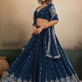Superb Teal Blue Georgette Embroidered Semi-Stitched Lehenga Choli with Dupatta