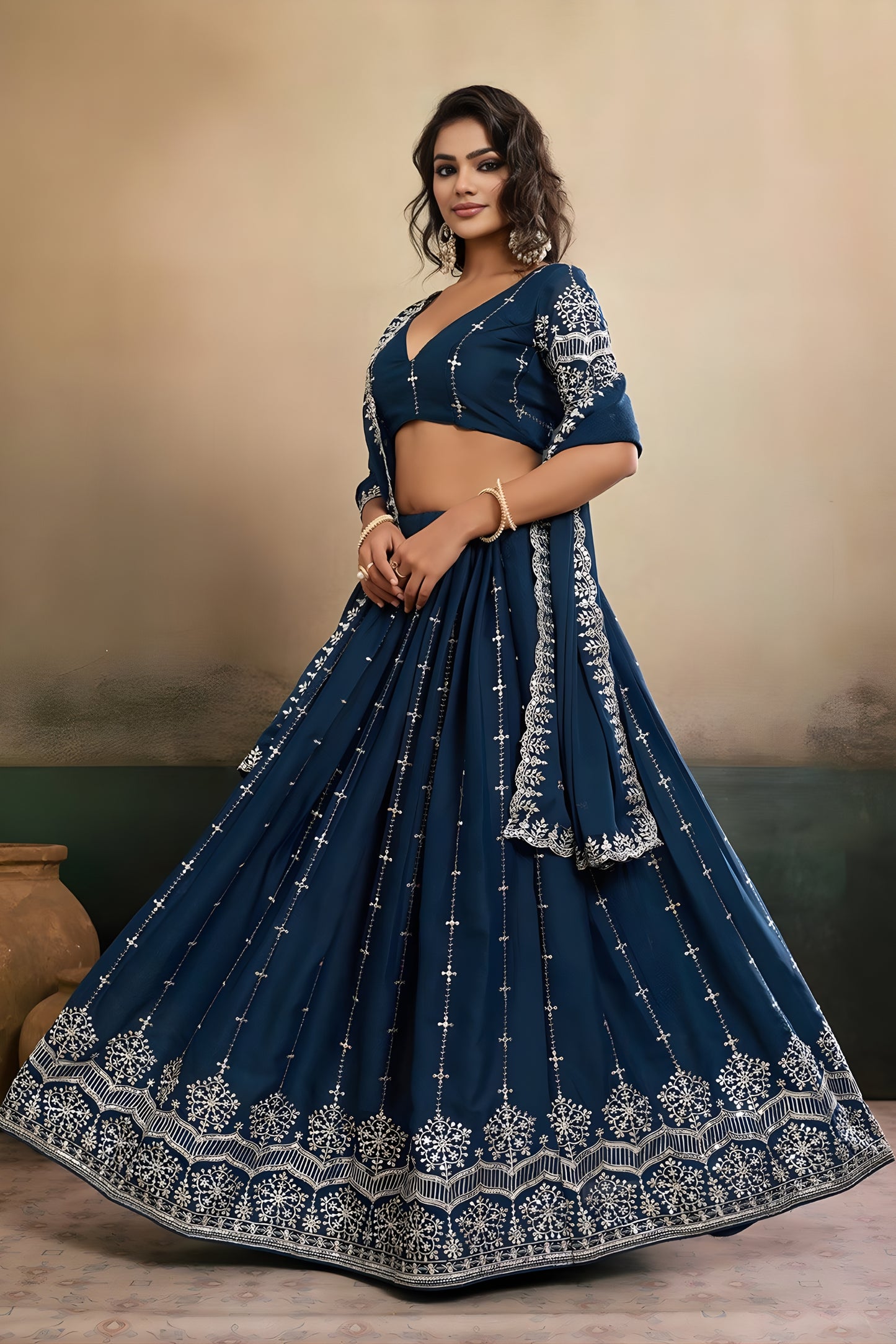 Superb Teal Blue Georgette Embroidered Semi-Stitched Lehenga Choli with Dupatta