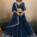 Superb Teal Blue Georgette Embroidered Semi-Stitched Lehenga Choli with Dupatta
