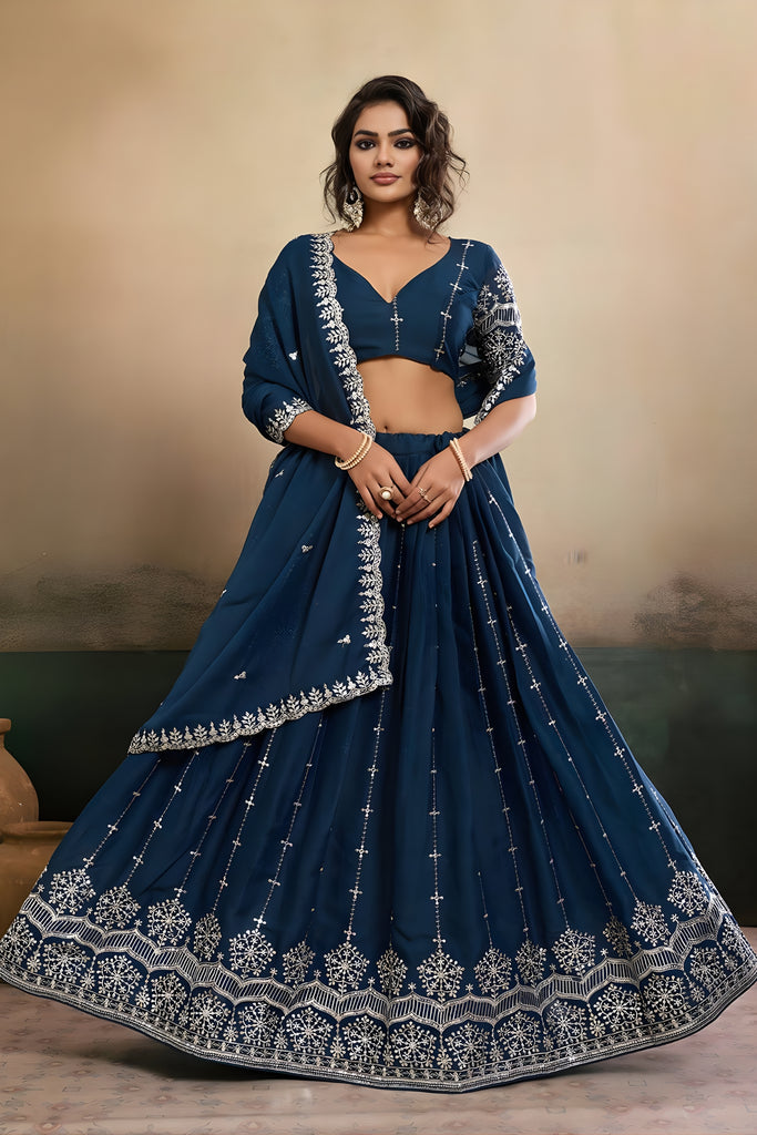 Superb Teal Blue Georgette Embroidered Semi-Stitched Lehenga Choli with Dupatta