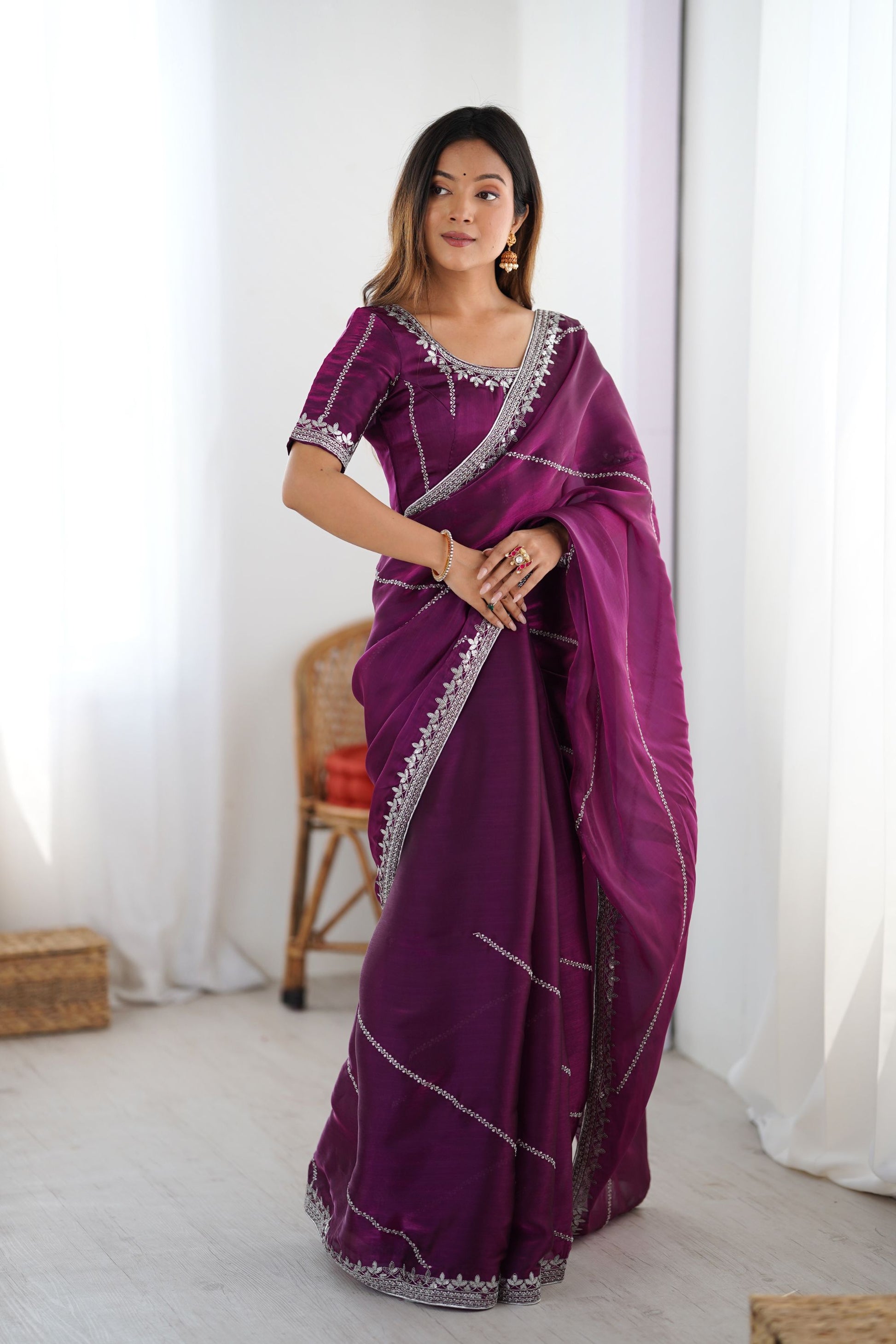 Wine Purple Designer Saree with Elegant Silver Embroidered Border 