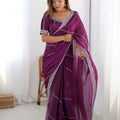 Wine Purple Designer Saree with Elegant Silver Embroidered Border