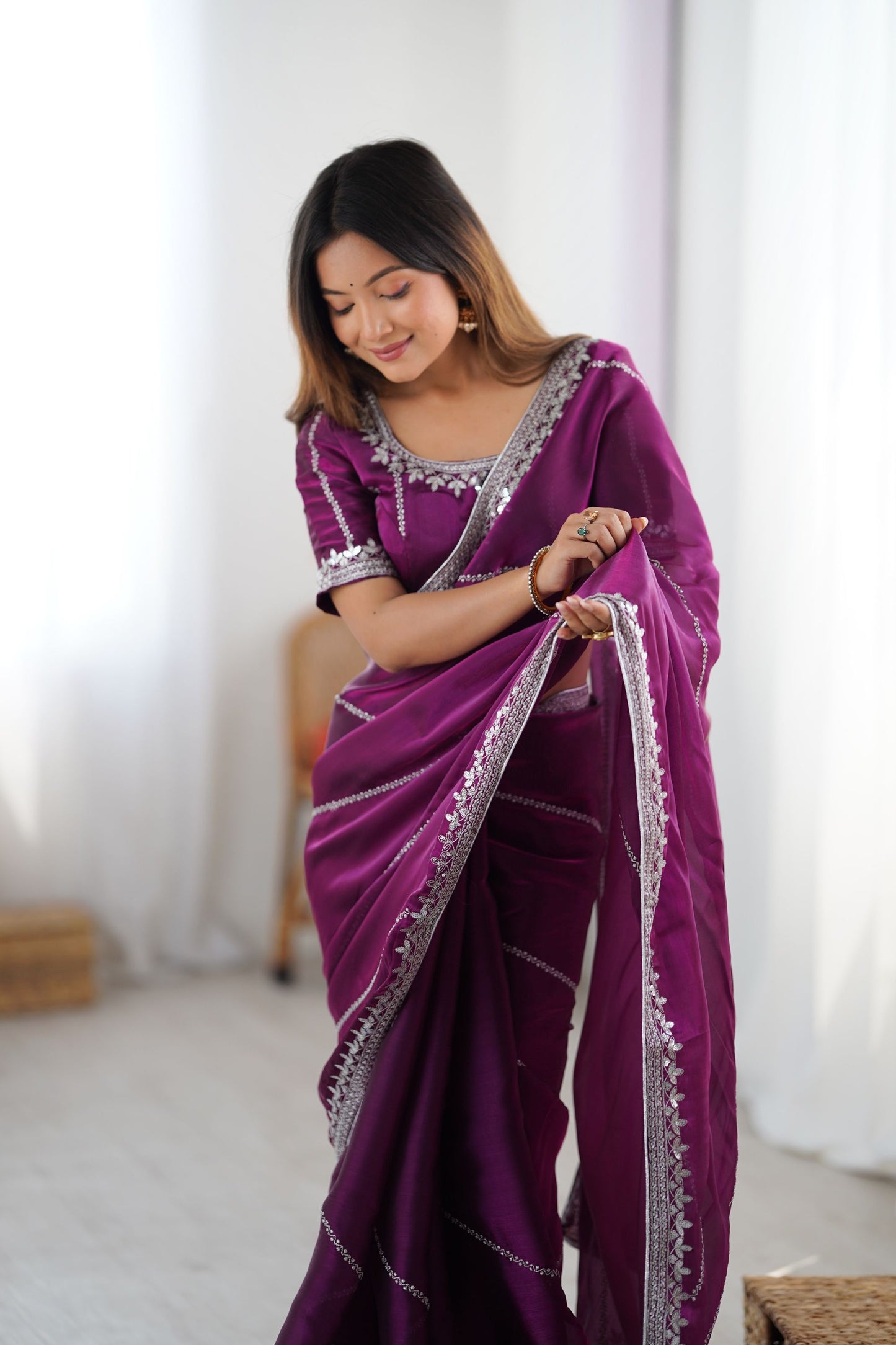 Wine Purple Designer Saree with Elegant Silver Embroidered Border