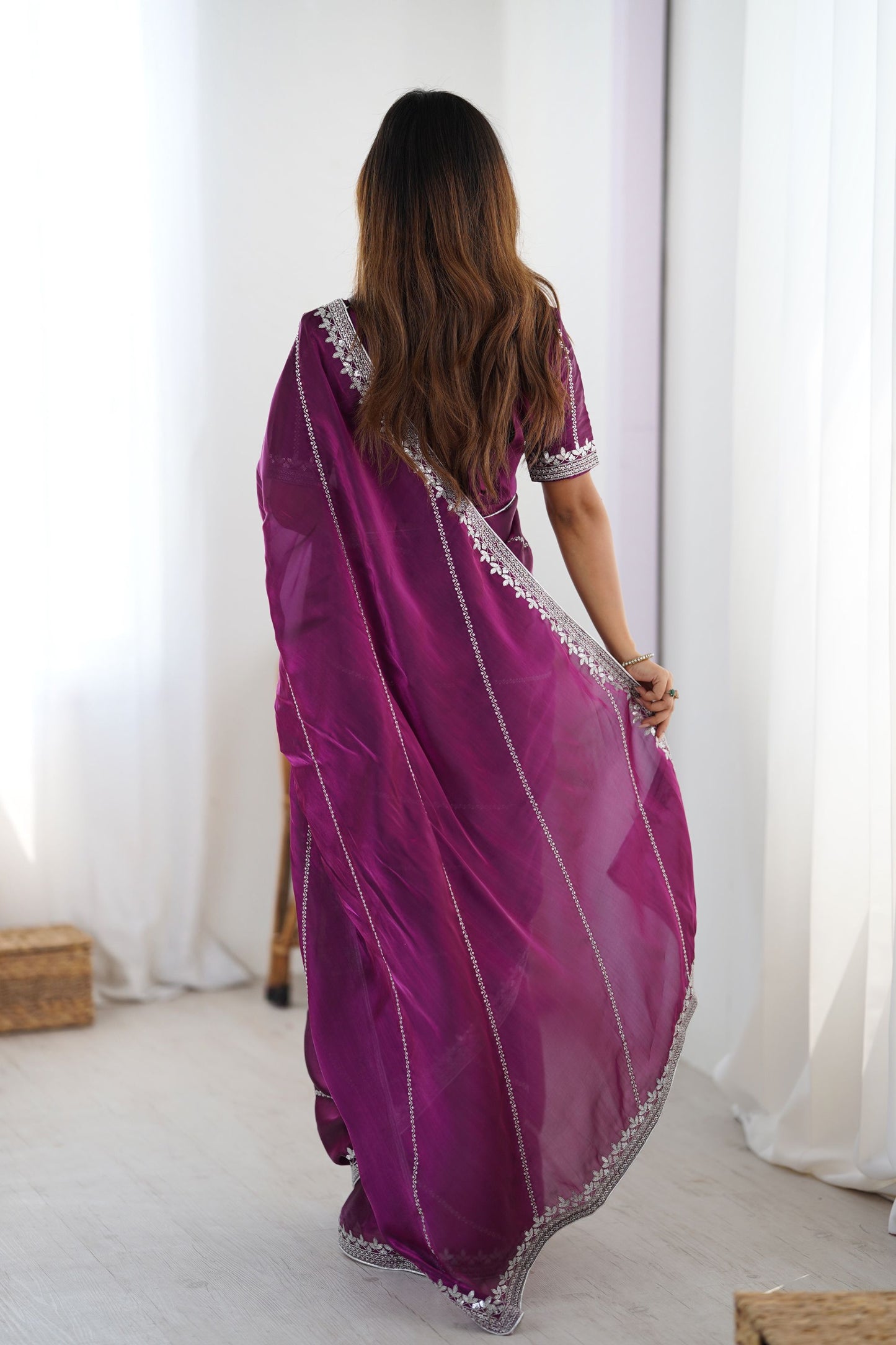 Wine Purple Designer Saree with Elegant Silver Embroidered Border