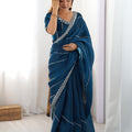 Teal Blue Designer Saree with Elegant Silver Embroidered Border 