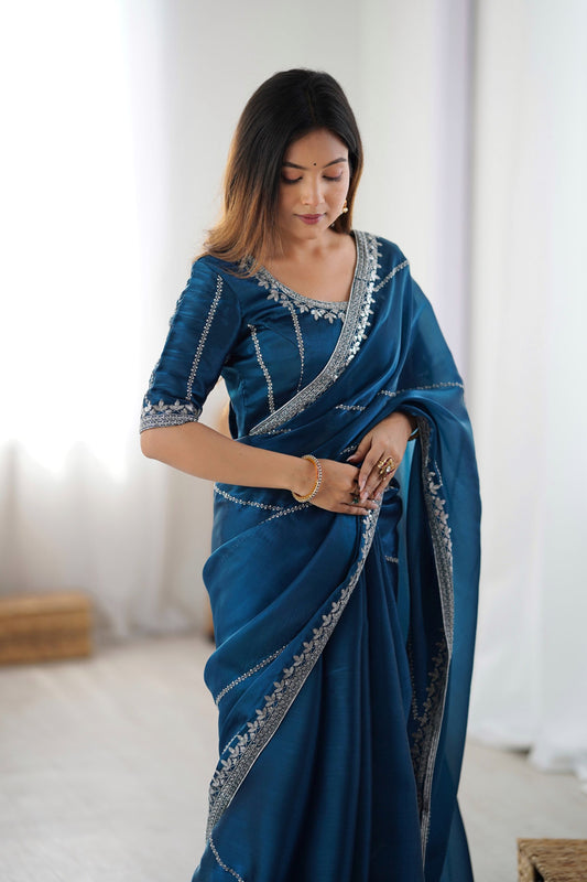 Teal Blue Designer Saree with Elegant Silver Embroidered Border
