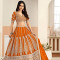 Stunning Orange Faux Georgette Embroidery Semi-Stitched Wedding Wear Lehenga Choli
