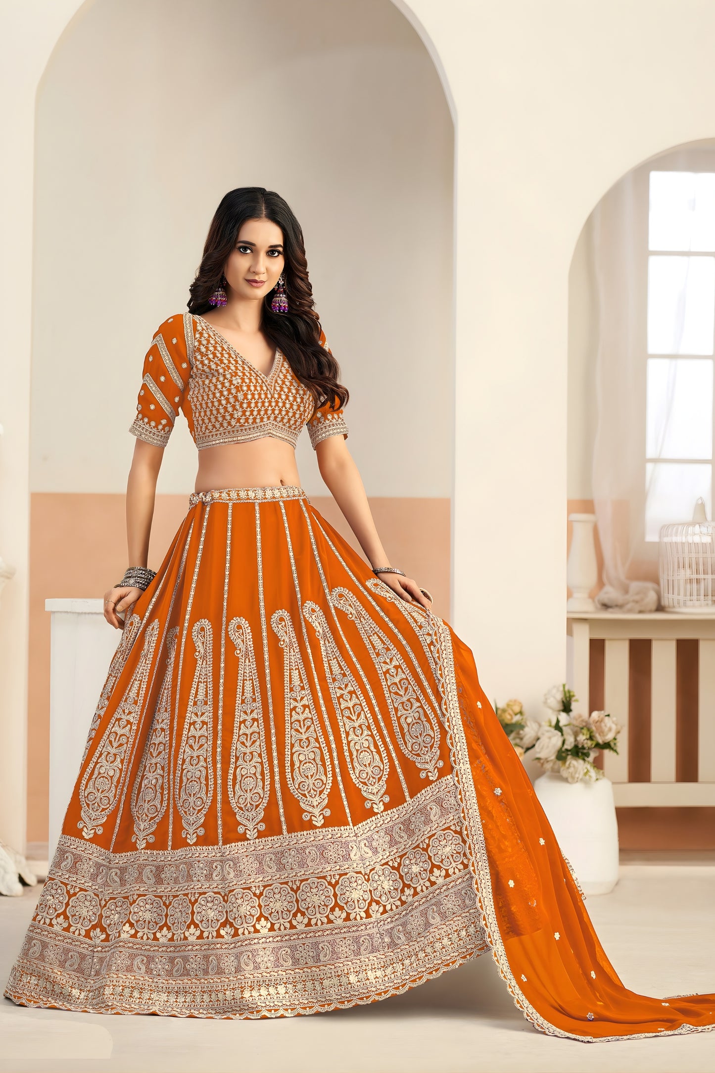 Stunning Orange Faux Georgette Embroidery Semi-Stitched Wedding Wear Lehenga Choli