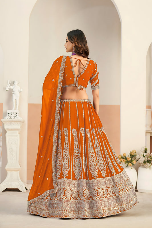 Stunning Orange Faux Georgette Embroidery Semi-Stitched Wedding Wear Lehenga Choli