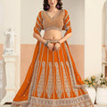  Stunning Orange Faux Georgette Embroidery Semi-Stitched Wedding Wear Lehenga Choli