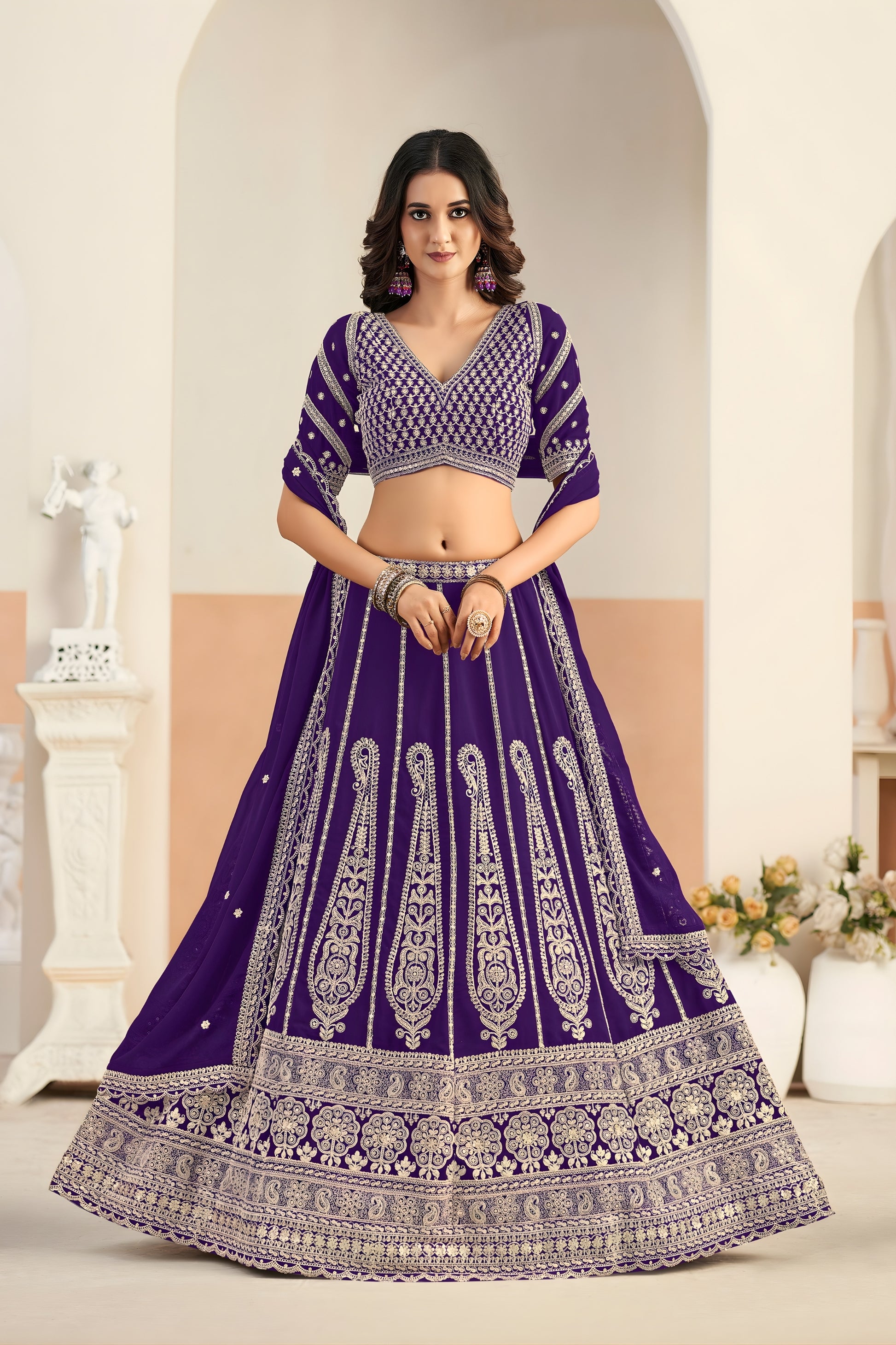 Fancy Purple Faux Georgette Embroidery Semi-Stitched Wedding Wear Lehenga Choli 