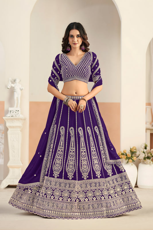 Fancy Purple Faux Georgette Embroidery Semi-Stitched Wedding Wear Lehenga Choli 