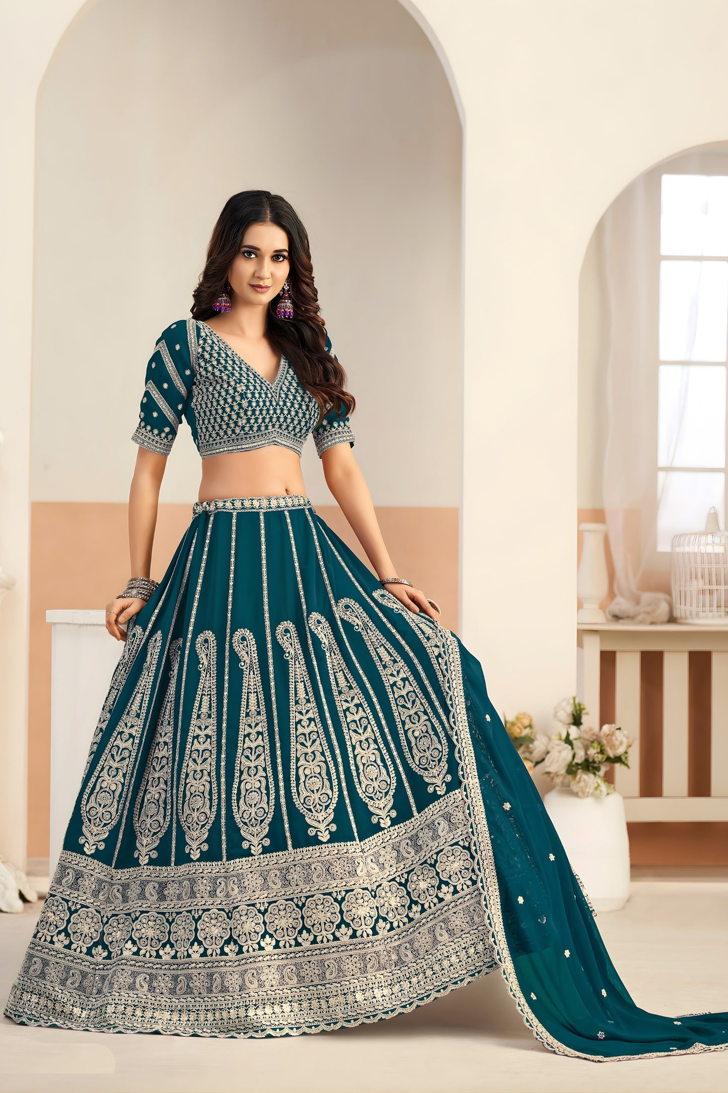 Premium Teal Green Faux Georgette Embroidery Semi-Stitched Wedding Wear Lehenga Choli