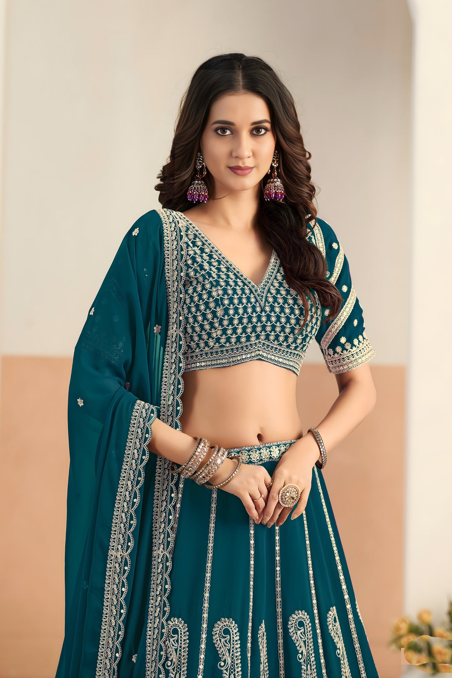 Premium Teal Green Faux Georgette Embroidery Semi-Stitched Wedding Wear Lehenga Choli
