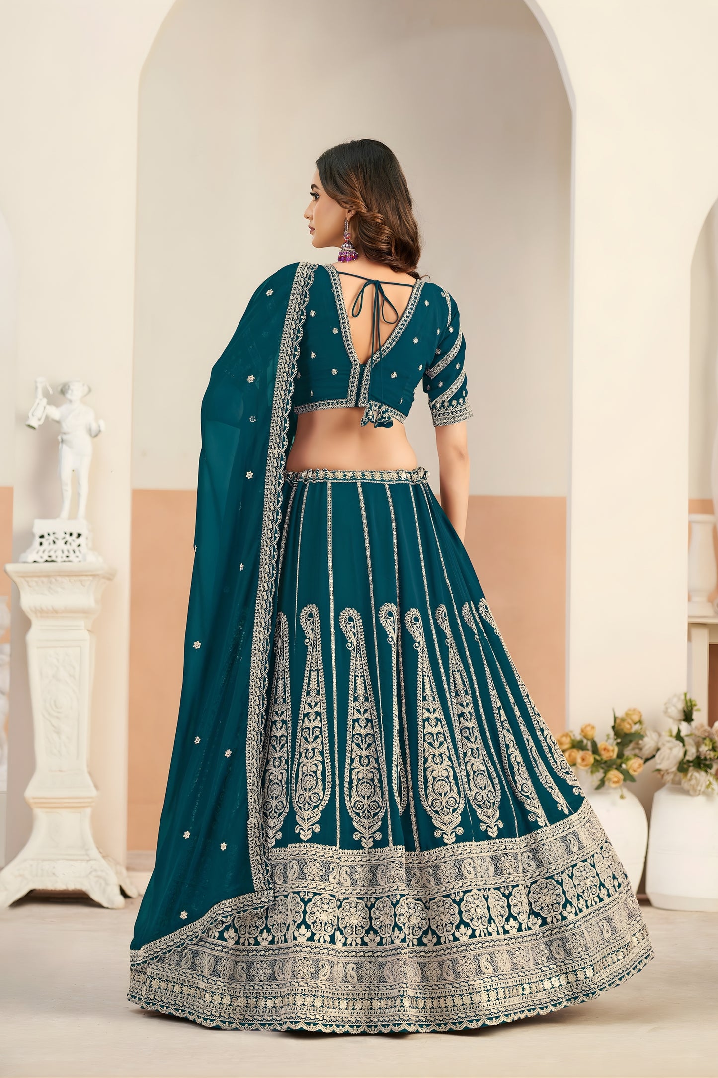 Premium Teal Green Faux Georgette Embroidery Semi-Stitched Wedding Wear Lehenga Choli