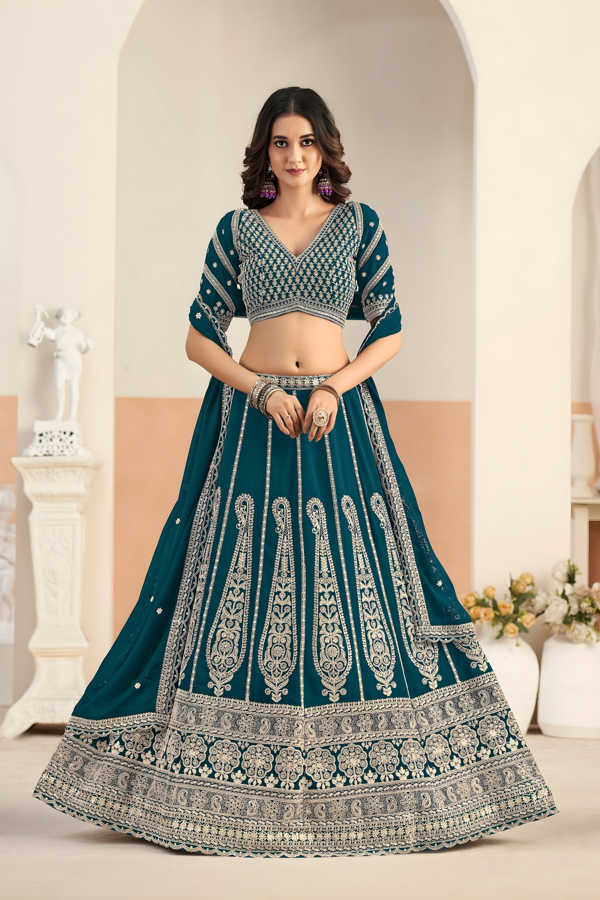 Premium Teal Green Faux Georgette Embroidery Semi-Stitched Wedding Wear Lehenga Choli