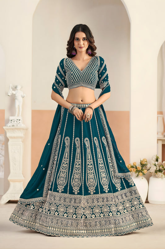 Premium Teal Green Faux Georgette Embroidery Semi-Stitched Wedding Wear Lehenga Choli