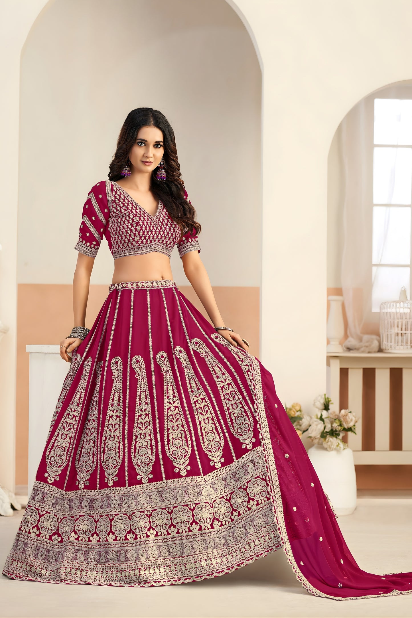 Lovable Rani Pink Faux Georgette Embroidery Semi-Stitched Wedding Wear Lehenga Choli