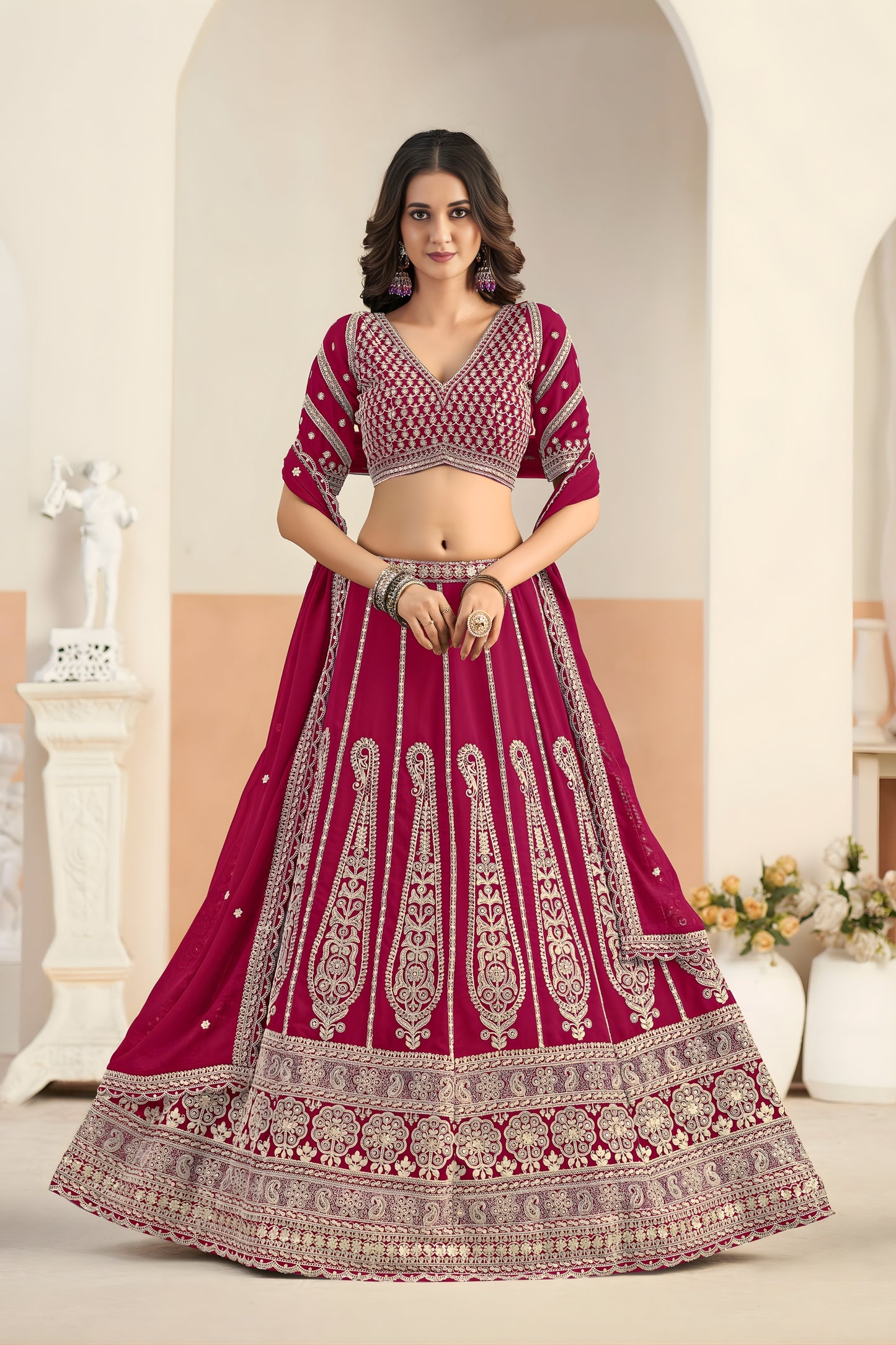 Lovable Rani Pink Faux Georgette Embroidery Semi-Stitched Wedding Wear Lehenga Choli 