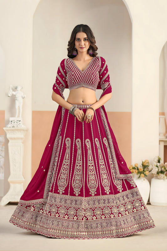 Lovable Rani Pink Faux Georgette Embroidery Semi-Stitched Wedding Wear Lehenga Choli 