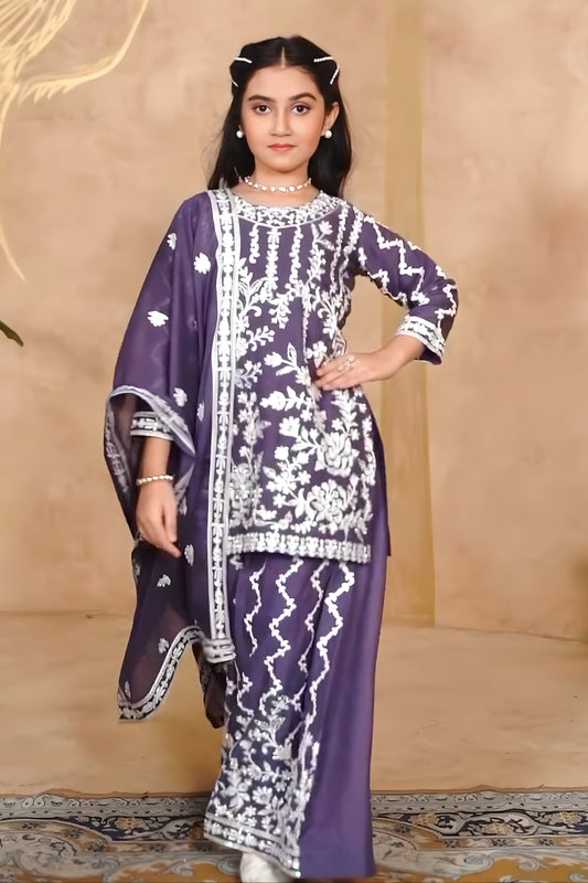 Elegant Purple Faux Georgette Embroidered Girls Salwar Suit with Dupatta