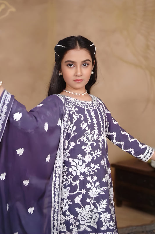 Elegant Purple Faux Georgette Embroidered Girls Salwar Suit with Dupatta