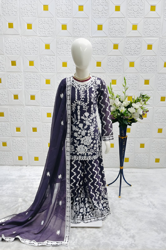 Elegant Purple Faux Georgette Embroidered Girls Salwar Suit with Dupatta