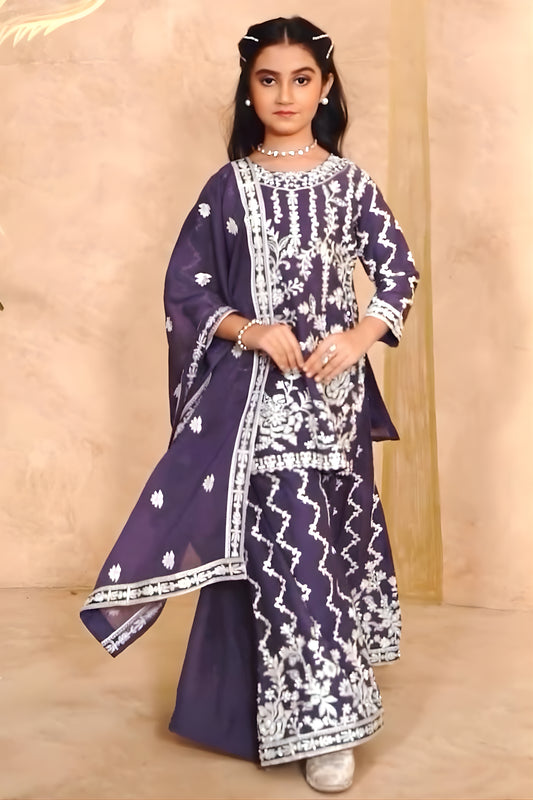 Elegant Purple Faux Georgette Embroidered Girls Salwar Suit with Dupatta