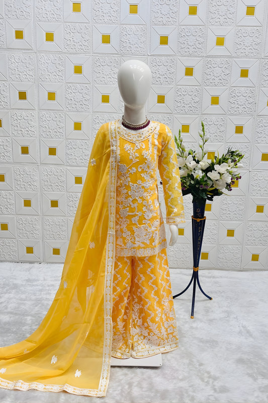 Trendy Yellow Faux Georgette Embroidered Girls Salwar Suit with Dupatta