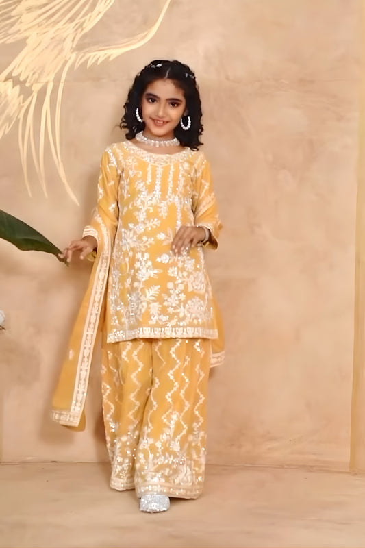 Trendy Yellow Faux Georgette Embroidered Girls Salwar Suit with Dupatta