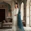 Awesome Off-White Fendy Silk Embroidered Straight Salwar Suit with Soft Net Teal Blue Dupatta