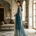 Awesome Off-White Fendy Silk Embroidered Straight Salwar Suit with Soft Net Teal Blue Dupatta