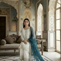 Awesome Off-White Fendy Silk Embroidered Straight Salwar Suit with Soft Net Teal Blue Dupatta