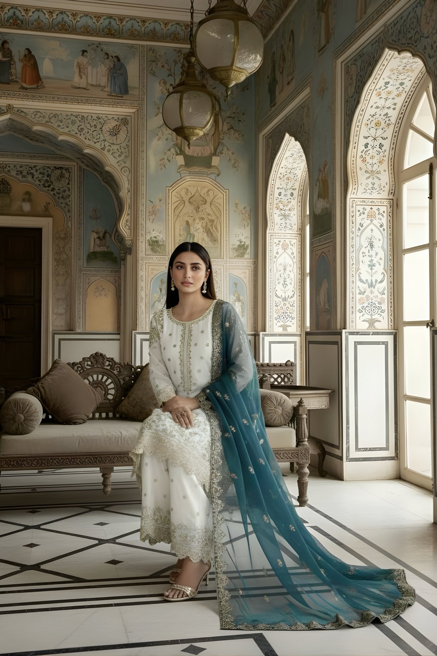 Awesome Off-White Fendy Silk Embroidered Straight Salwar Suit with Soft Net Teal Blue Dupatta