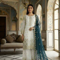 Awesome Off-White Fendy Silk Embroidered Straight Salwar Suit with Soft Net Teal Blue Dupatta
