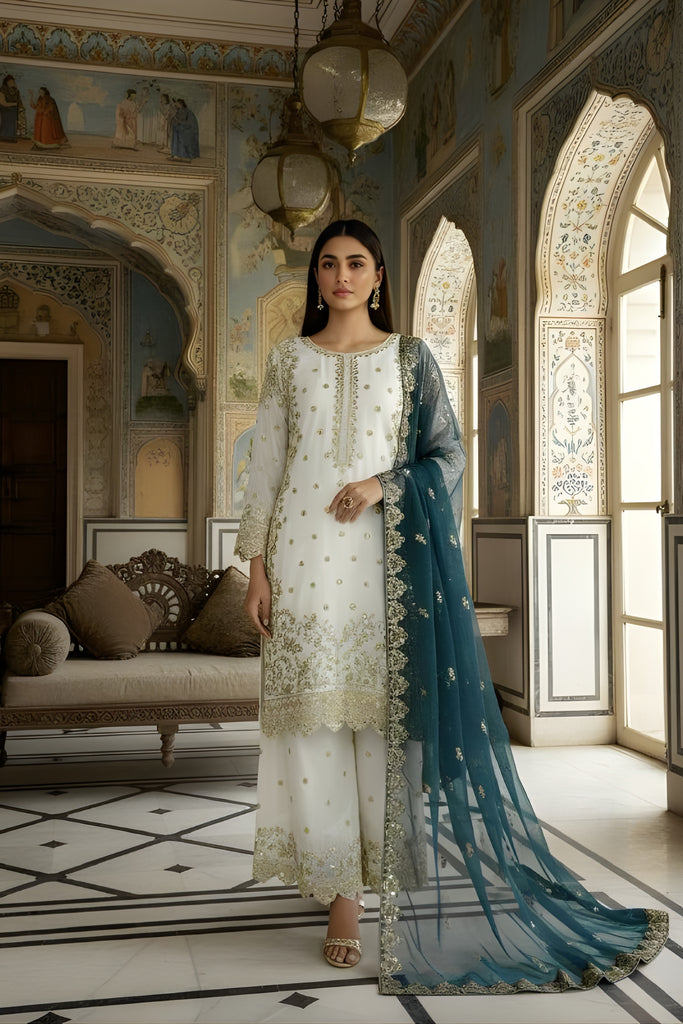 Awesome Off-White Fendy Silk Embroidered Straight Salwar Suit with Soft Net Teal Blue Dupatta